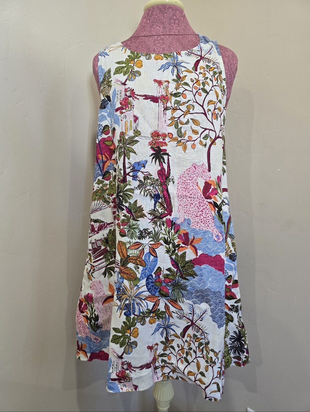 Nicole Miller 100% Linen Shift Dress Womens M Multicolor Tropical Leopard Resort